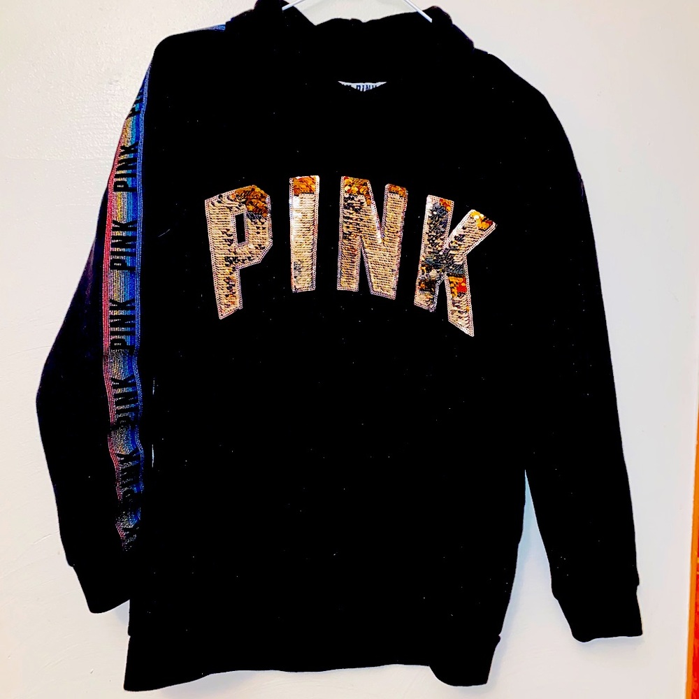 vs pink cowl neck hoodie with rainbow sleeves